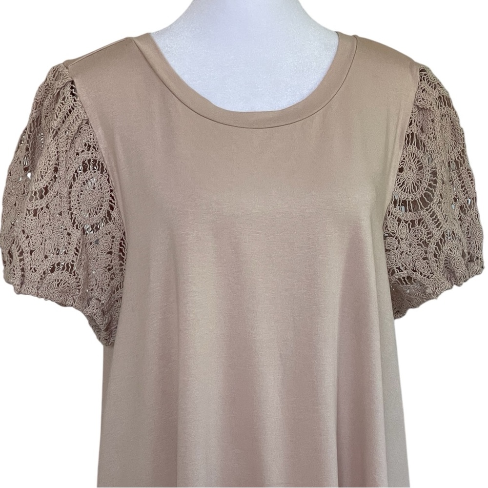 Cupio Tan Lace Sleeve Women's Top Sz XL Tee Short Sleeves Crew Neck Stretch